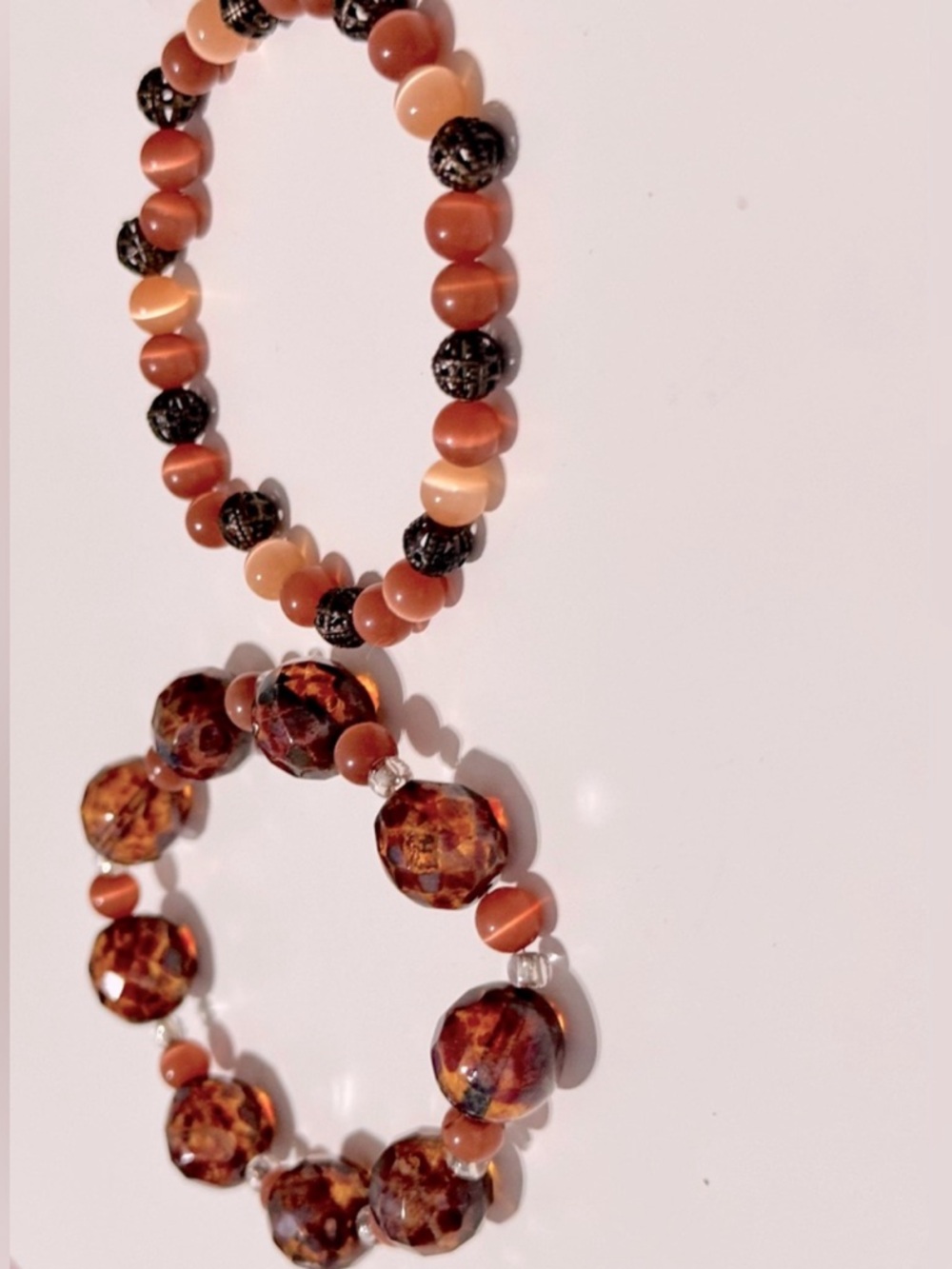 VINTAGE Elegant Tiger Eye Brown & Gold Beaded Bracelet Set 2 Stretchy Bracelets